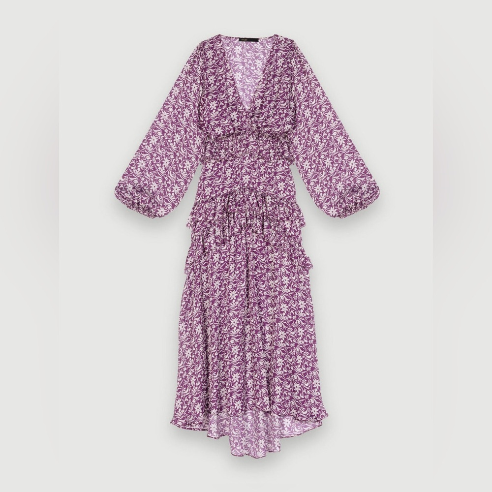 MAJE Ruffled floral-print chiffon midi dress in purple size  38 -US 6